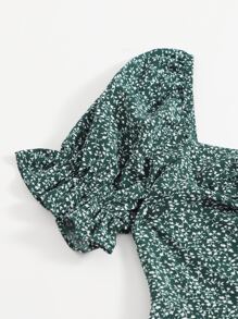 Soleia Allover Plants Print Drawstring Front Ruffle Cuff Dress - Dark Green - View 5