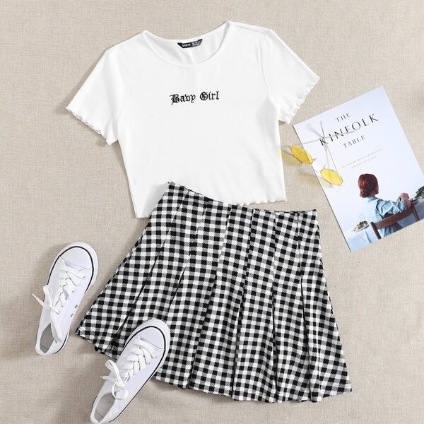 

Lettuce Trim Letter Embroidery Top & Boxy Pleated Gingham Skirt Set, Black and white