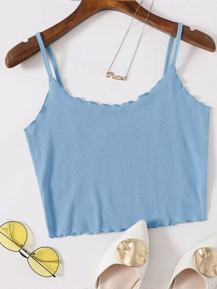 SHEIN EZwear Top de tirantes tejido de canalé ribete en forma de lechuga - Celeste - Ver 1