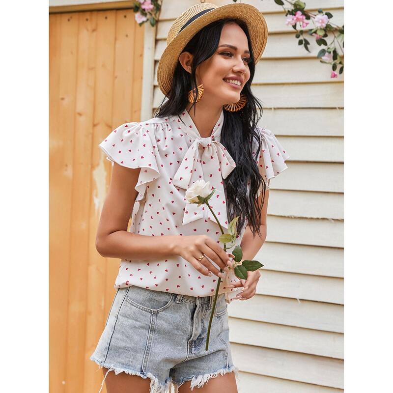 

Tie Neck Heart Print Chiffon Blouse, White