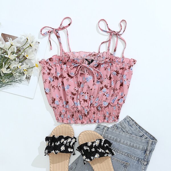 

Floral Print Knot Front Shirred Cami Top, Dusty pink