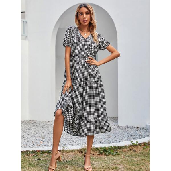 

Houndstooth Swing A-line Dress Without Belted, Black and white