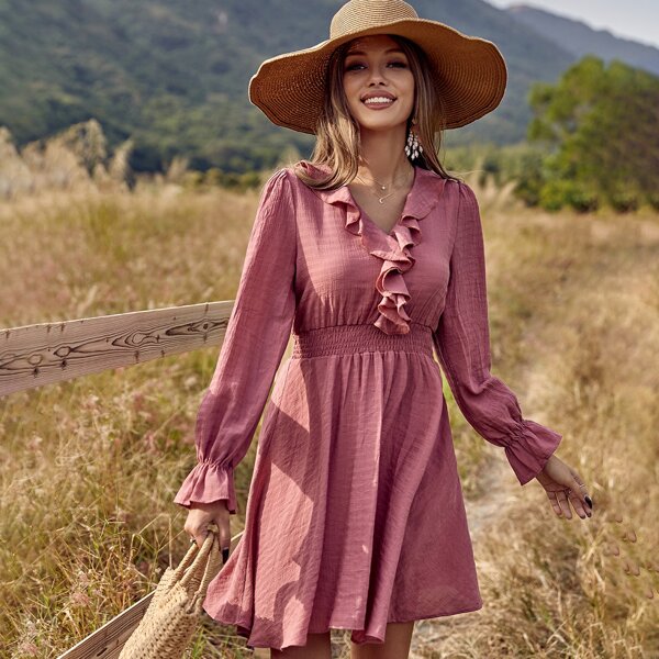 

Ruffle Trim Shirred A-line Dress, Redwood