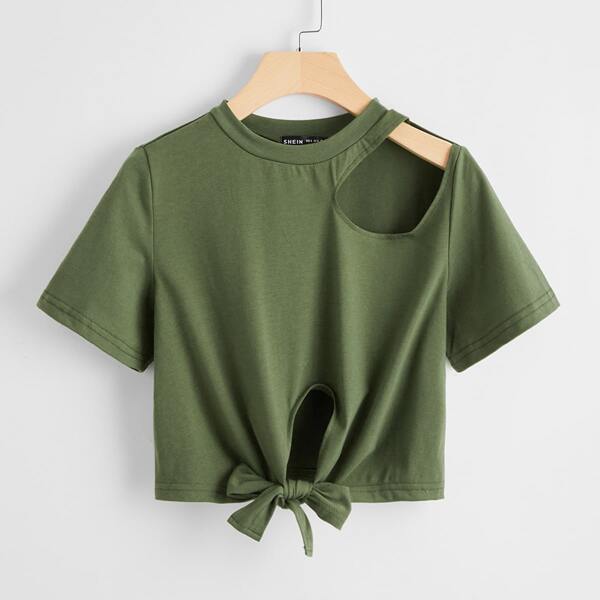 

Cut Out Detail Knotted Hem Tee, Army green