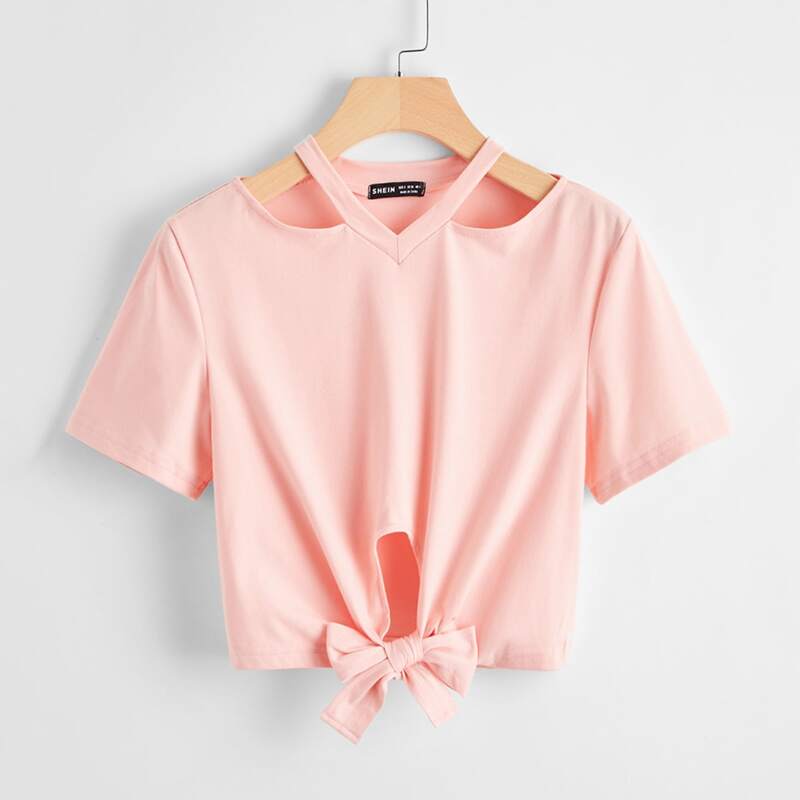 

Cut Out Neckline Knotted Hem Tee, Pastel baby pink
