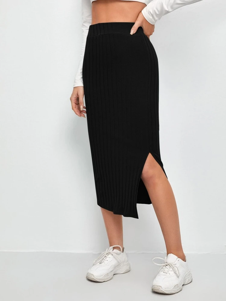 Slit Hem Rib-knit Pencil Skirt