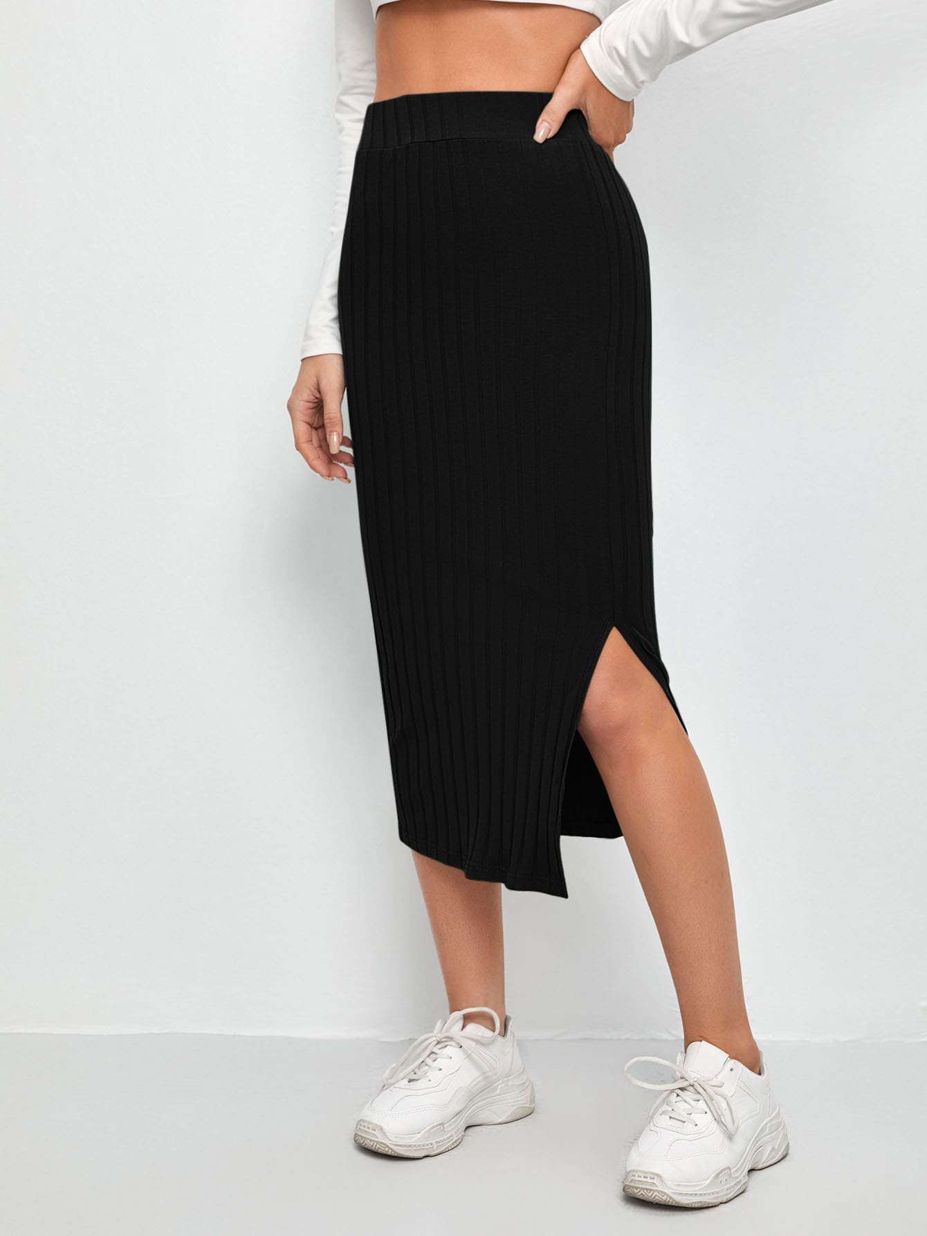 Slit Hem Rib-knit Pencil Skirt