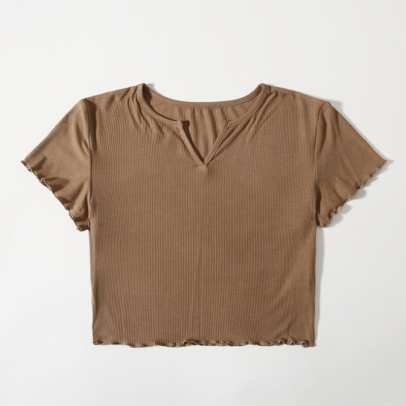 

Lettuce Edge Notched Neck Crop Tee, Coffee brown