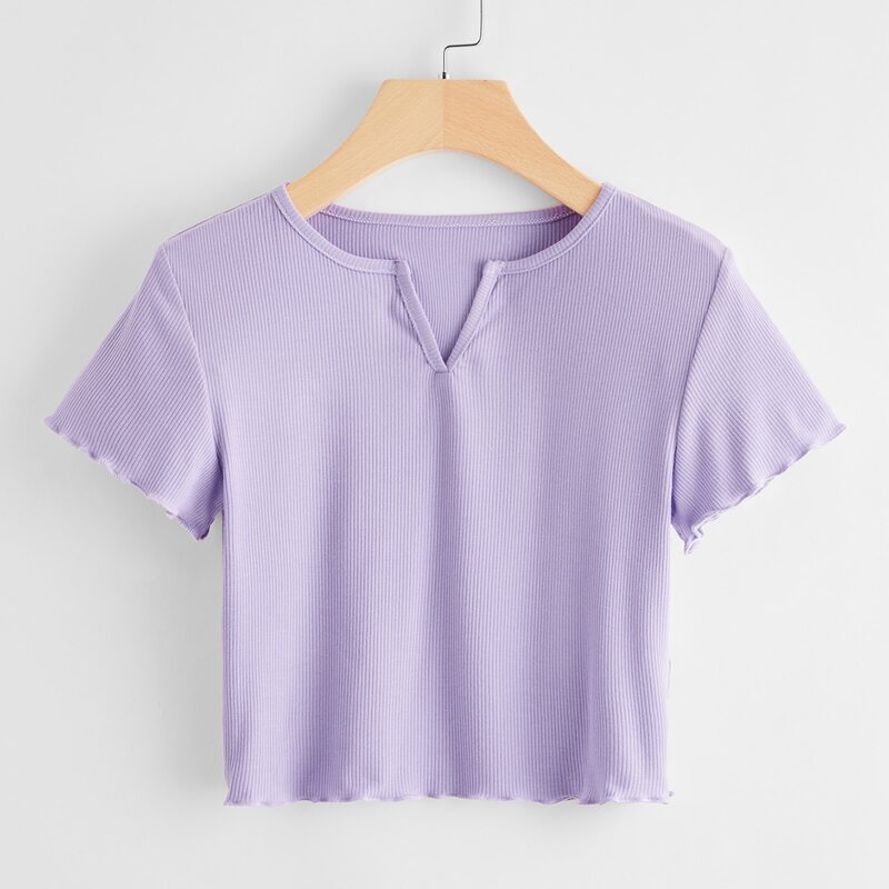 

Lettuce Edge Notched Neck Crop Tee, Lilac purple