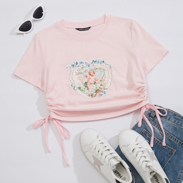 

Angel And Letter Graphic Drawstring Side Crop Tee, Baby pink