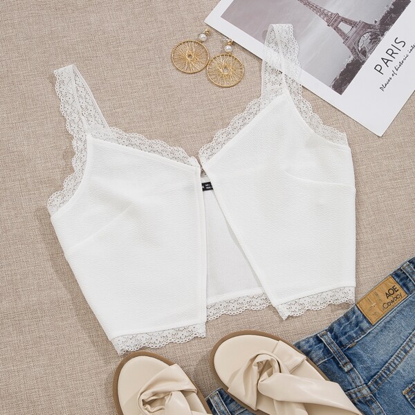 

Contrast Lace Crop Cami Top, White