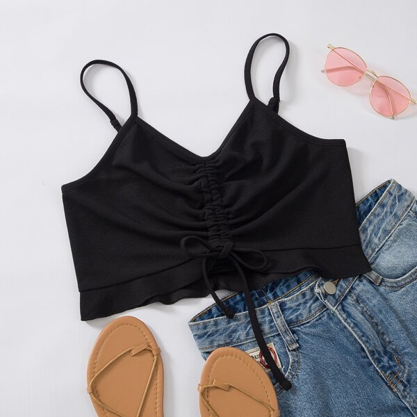

Drawstring Ruched Front Crop Cami Top, Black