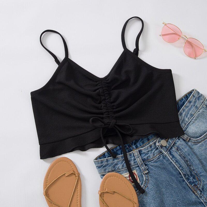 

Drawstring Ruched Front Crop Cami Top, Black