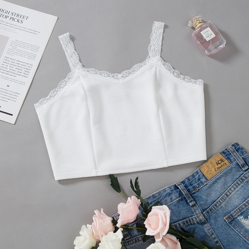 

Lace Trim Solid Crop Cami Top, White