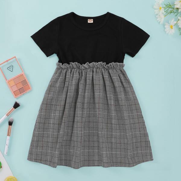 

Toddler Girls Plaid Panel Frill Trim Smock Dress, Multicolor
