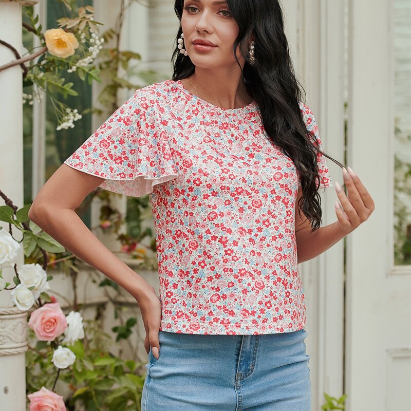 

Allover Floral Print Butterfly Sleeve Tee, Multicolor
