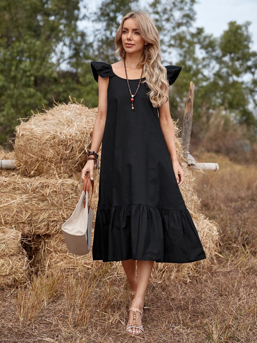 Ruffle Hem Solid Smock Dress