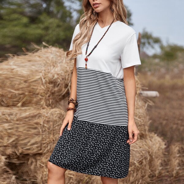 

V-neck Heart And Striped Tee Dress, Black and white