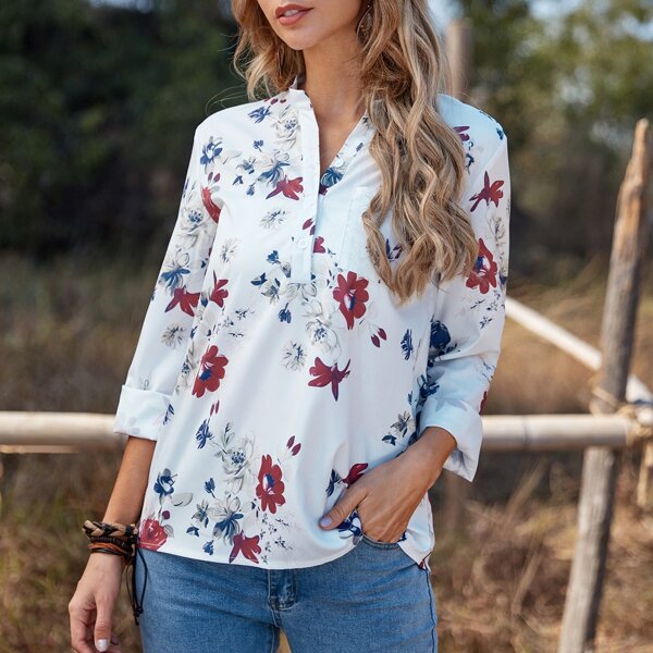 

Floral Half Button Notched Blouse, White