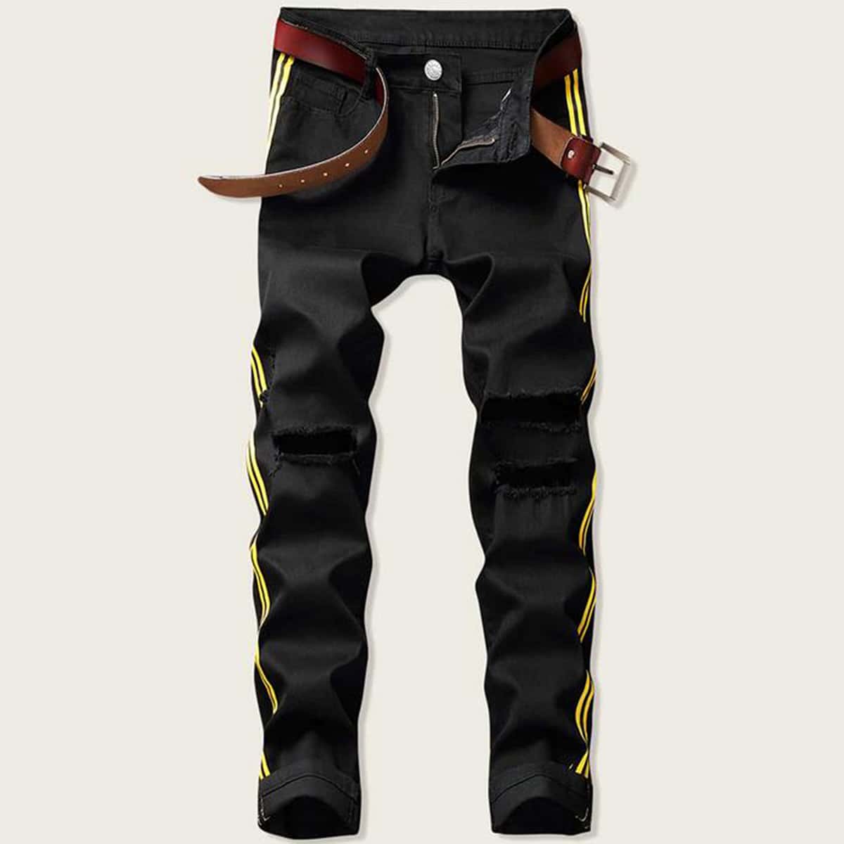 

Guys Side Tape Ripped Jeans Without Belt, Black