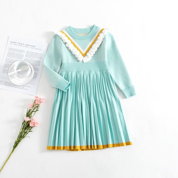 

Toddler Girls Striped Ruffle Pleated Sweater Dress, Mint blue