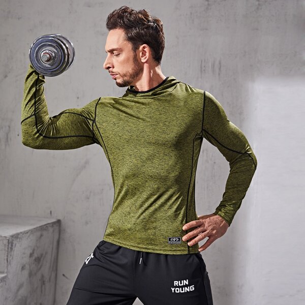 

Men Contrast Top-stitching Hooded Sports Tee, Green