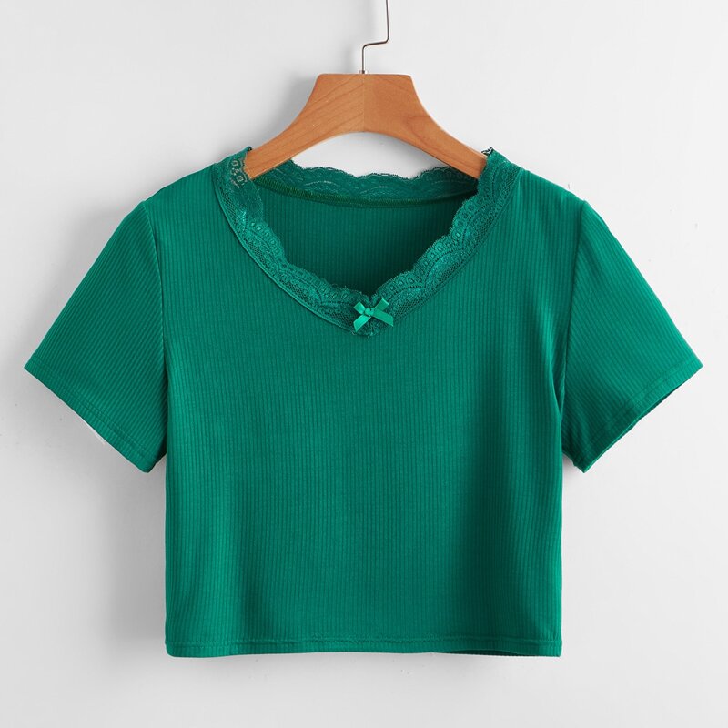 

Lace Trim Crop Tee, Green