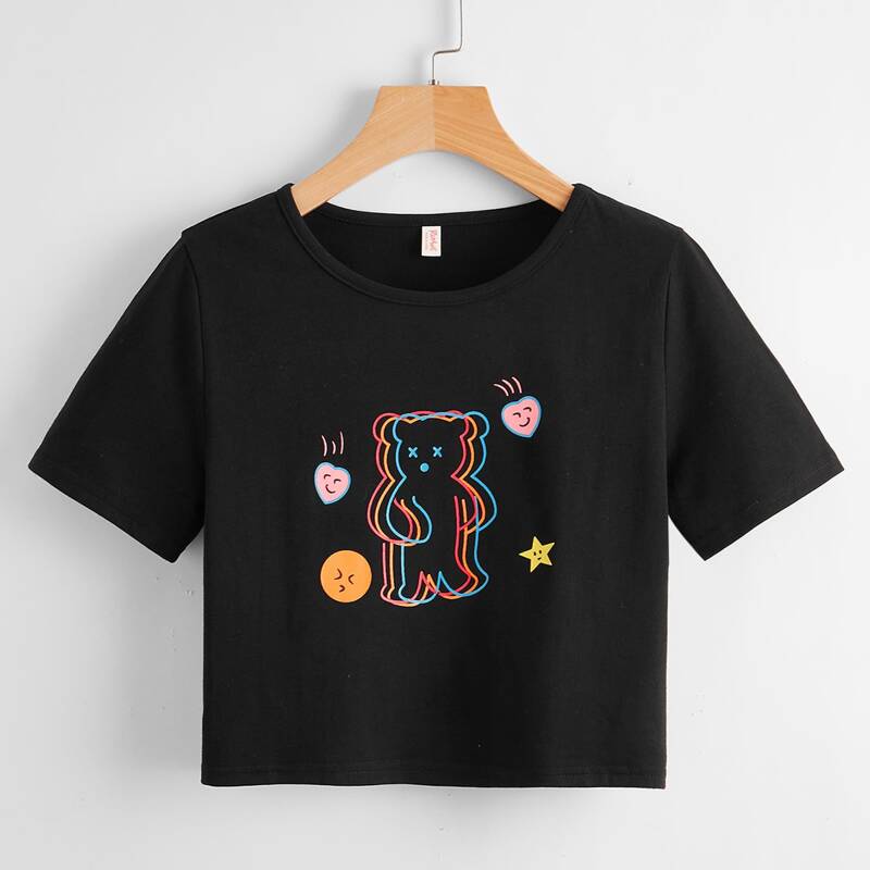 

Cartoon Bear Crop Tee, Black