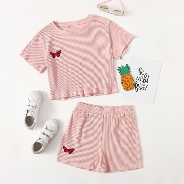 

Girls Butterfly Print Tee With Shorts, Baby pink