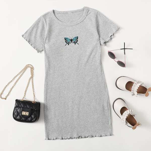 

Girls Butterfly Print Rib-knit Tee Dress, Grey