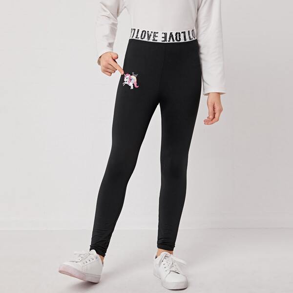 

Girls Letter Graphic Unicorn Print Leggings, Black