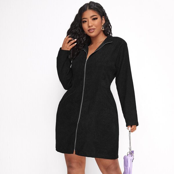 

Plus Zip Up Solid Dress, Black