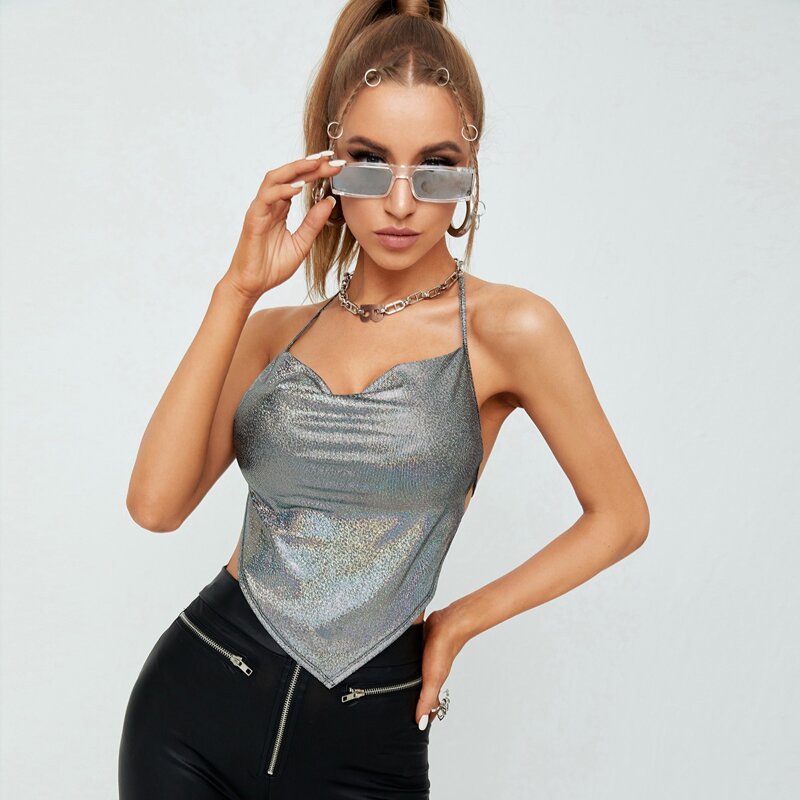 

Metallic Backless PU Halter Top, Silver
