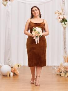 SHEIN Belle Plus Solid Velvet Cami Dress - Rust Brown - View 5