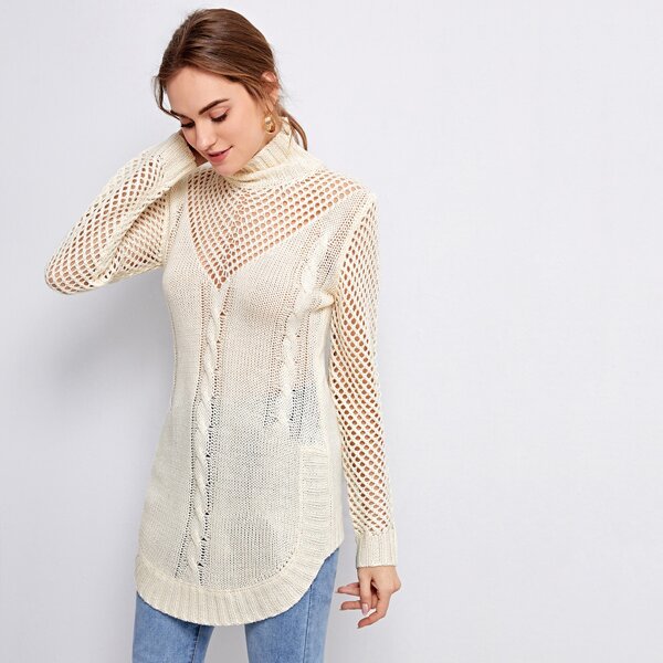 

High Waist Open Knit Longline Sweater, Beige