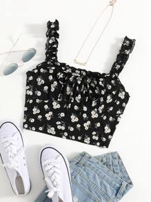 Soleia Floral Ruffle Strap Ruched Bust Knot Front Top - Multicolor - View 1