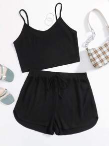 SHEIN Plus Waffle Knit Cami Top & Knot Front Shorts Set - Black - View 1