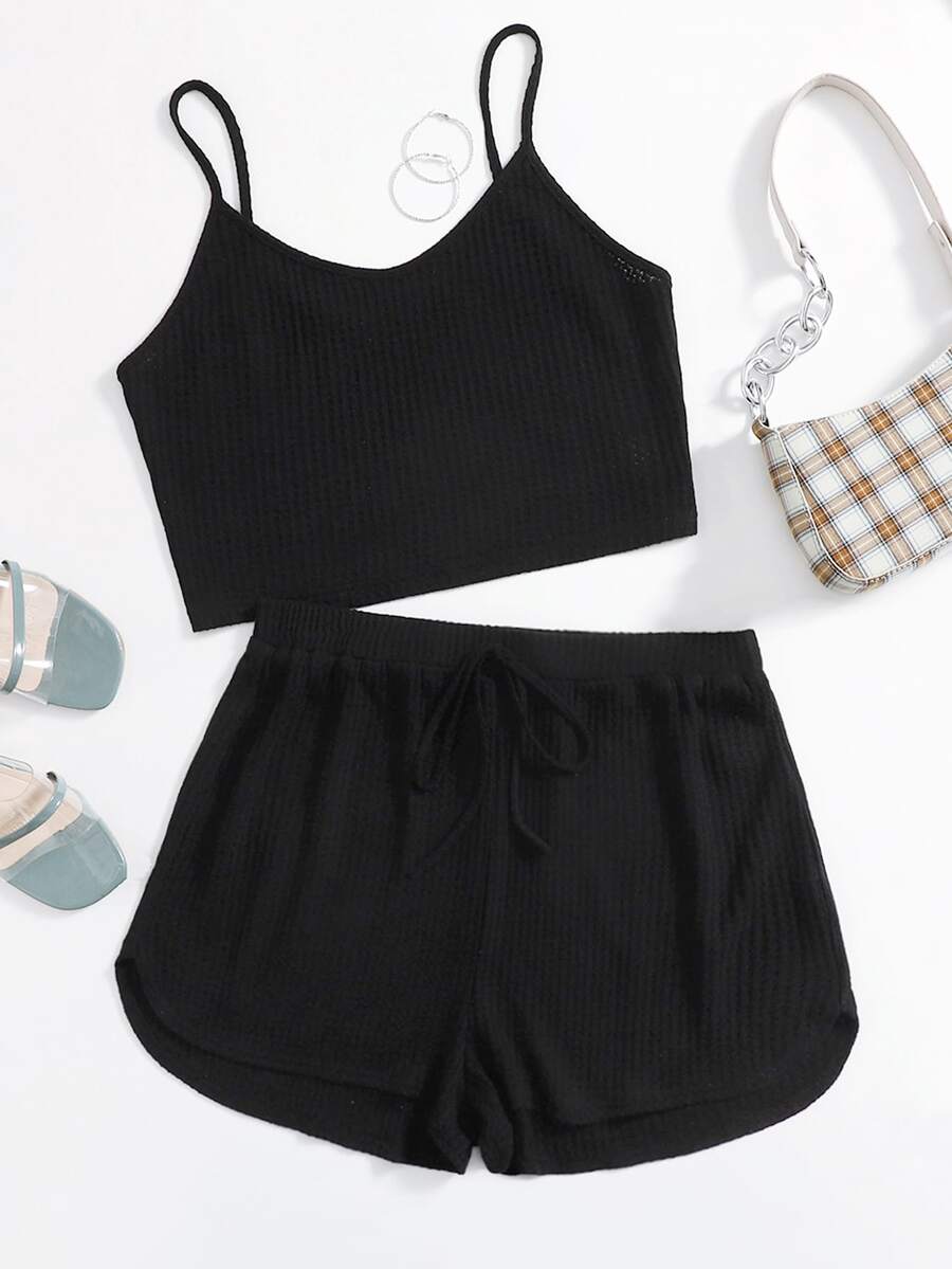 SHEIN Plus Waffle Knit Cami Top & Knot Front Shorts Set - Black - View 1