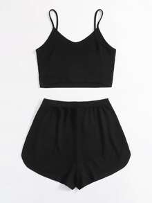 SHEIN Plus Waffle Knit Cami Top & Knot Front Shorts Set - Black - View 2