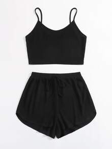 SHEIN Plus Waffle Knit Cami Top & Knot Front Shorts Set - Black - View 3