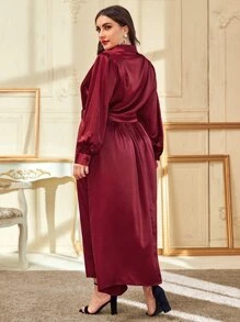 SHEIN Plus Notched Neck Satin Belted Dress - Burgundy - View 2