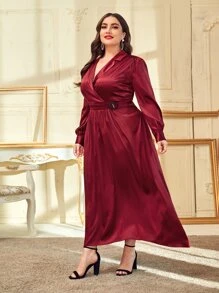 SHEIN Plus Notched Neck Satin Belted Dress - Burgundy - View 3