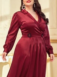 SHEIN Plus Notched Neck Satin Belted Dress - Burgundy - View 5