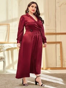 SHEIN Plus Notched Neck Satin Belted Dress - Burgundy - View 1