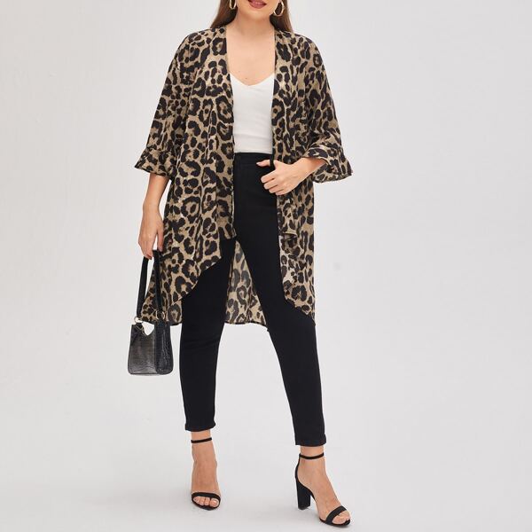 

Plus Leopard Print Flounce Sleeve Kimono, Multicolor