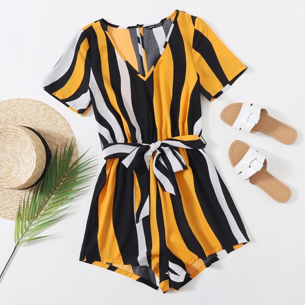 

Striped V-Neck Belted Romper, Multicolor
