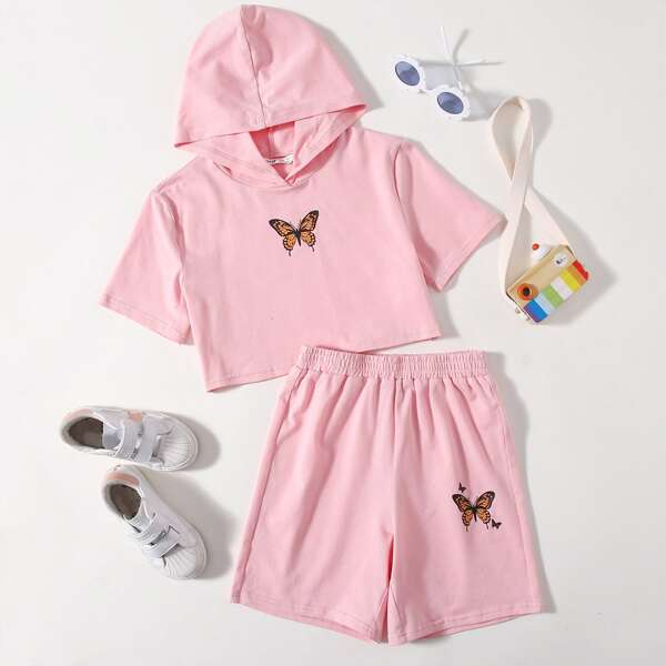 

Girls Butterfly Print Hooded Tee & Elastic Waist Shorts Set, Baby pink