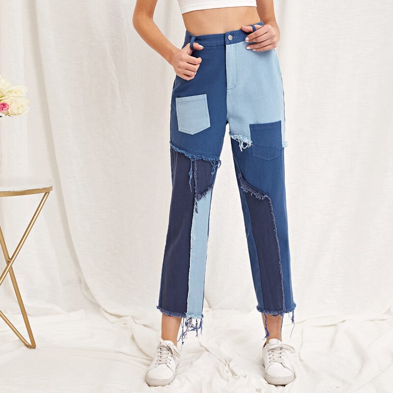 

High Waist Cut and Sew Pants, Blue