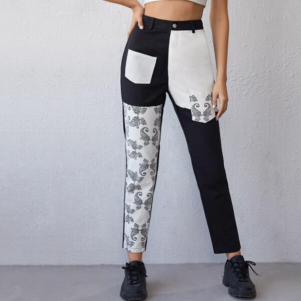 

Paisley Print Colorblock Pants, Black and white