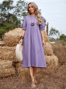 SHEIN Holidaya Solid High Waist  Smock Dress